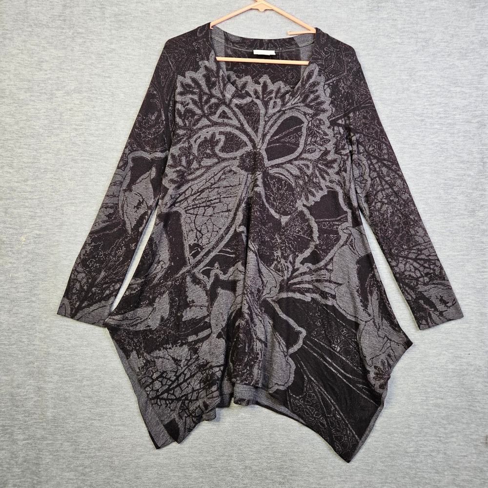Soft Surroundings Charcoal Black Abstract Floral Sharkbite Hem Knit Top Size S